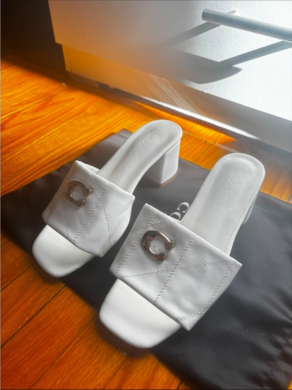 Coach White Quilted Block-Heel Slide Mules with Signature 'C' Hardware